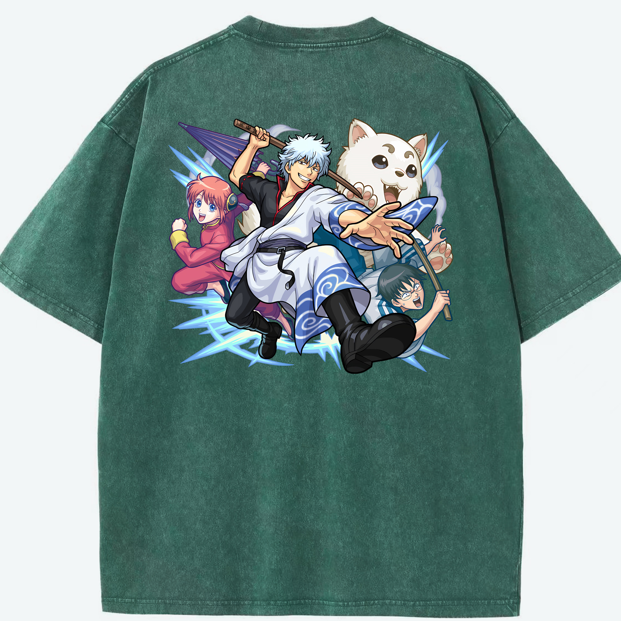 （画像用） ぎんたま 坂田銀時（さかたぎんとき） 神楽 志村新八（しむら しんぱち） GINTAMA Sakata Gintoki Kagura Shimura Shinpachi 綿100% ヴィンテージ風 半袖Tシャツ（背面プリント）